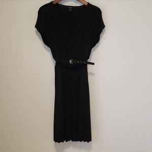 Deep V-Neck Pleated Belted Dress